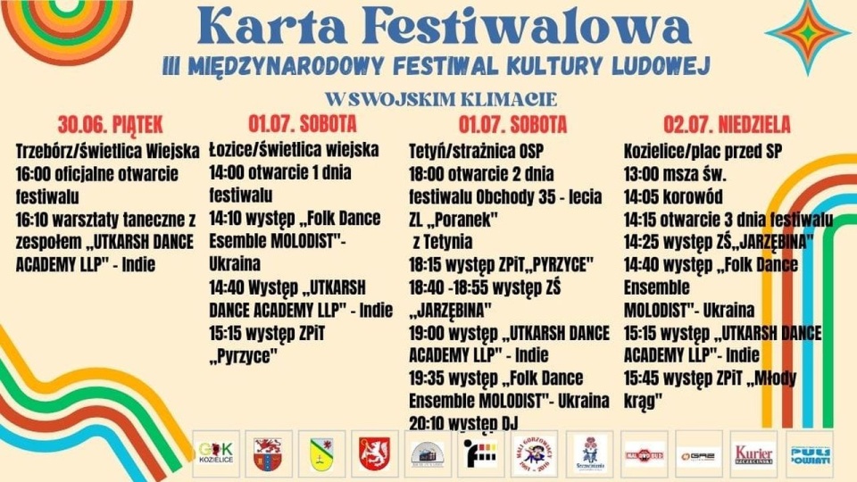 W tym roku w festiwalu biorą udział zespoły z Polski, Ukrainy i z Indii. źródło: Gminny Ośrodek Kultury w Kozielicach