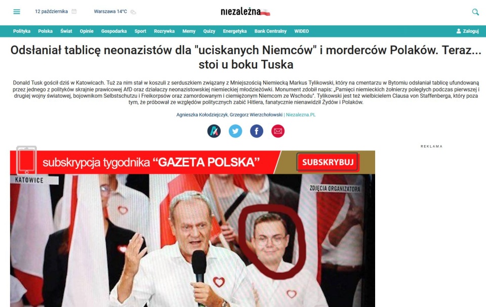 Donaldowi Tuskowi w Katowicach towarzyszył związany z Mniejszością Niemiecką Markus Tylikowski. źródło: https://niezalezna.pl