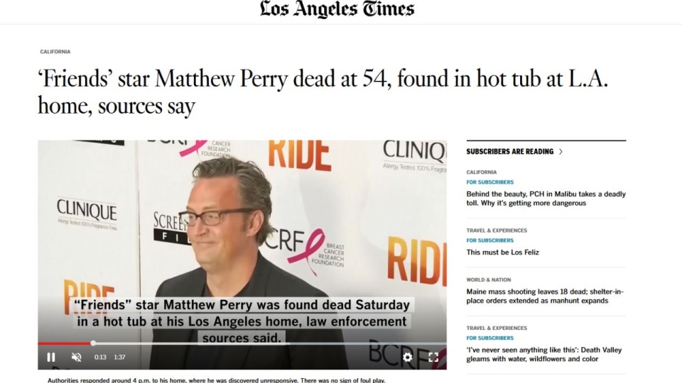 Matthew Perry najbardziej znany był z roli Chandlera Binga w kultowym serialu "Przyjaciele". źródło: https://www.latimes.com/california