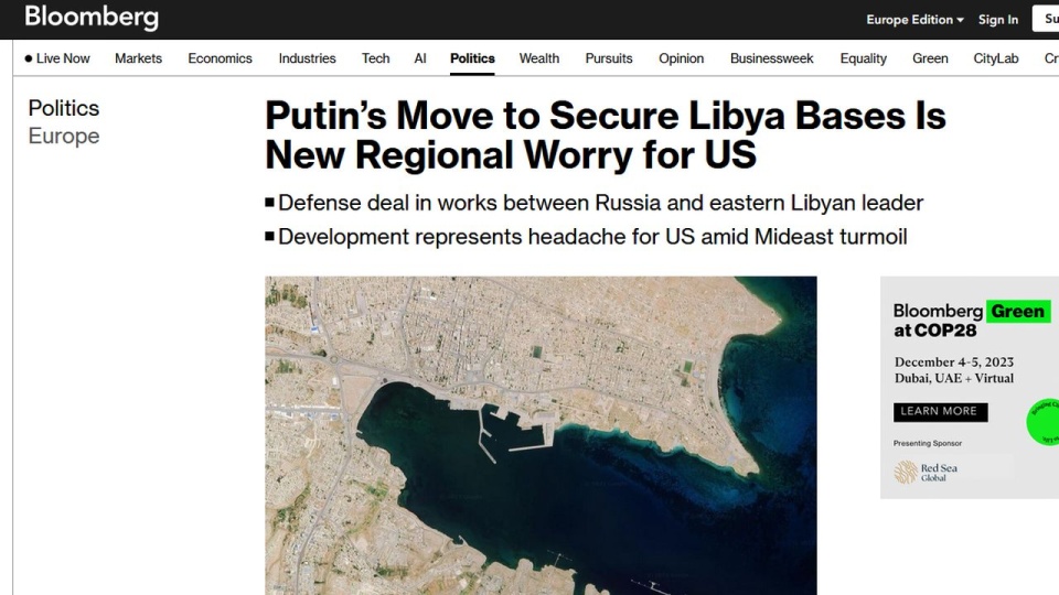 Agencja Bloomberg ustaliła, że porozumienie zakłada rozmieszczenie rosyjskich okrętów i wojska w jednym z libijskich portów. źródło: https://www.bloomberg.com