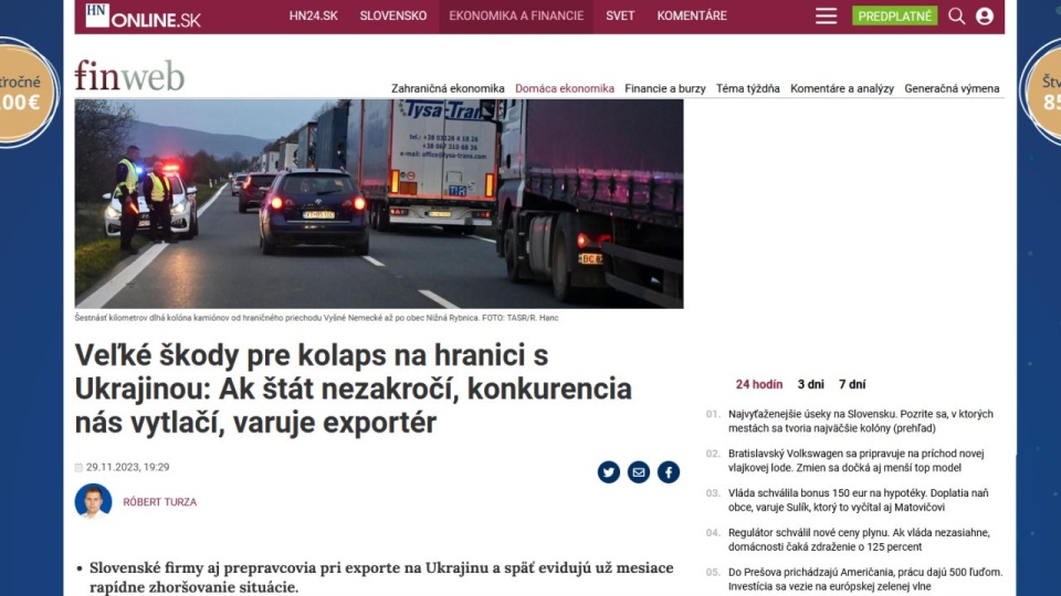 Słowaccy transportowcy domagają się natychmiastowego wypowiedzenia umowy zawartej w zeszłym roku pomiędzy Unią Europejską a Ukrainą. źródło: https://hnonline.sk