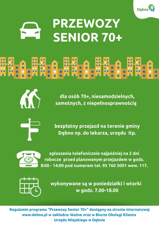 W gminie Dębno ruszył pilotażowy program Przewozy Senior 70. Są to bezpłatne przejazdy na życzenie dla osób po 70. roku życia, które nie posiadają własnego transportu, a chcą się dostać np. do lekarza, urzędu czy sklepu.