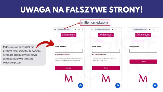 Fałszywa strona Banku Millennium stworzona do wyłudzania pieniędzy.