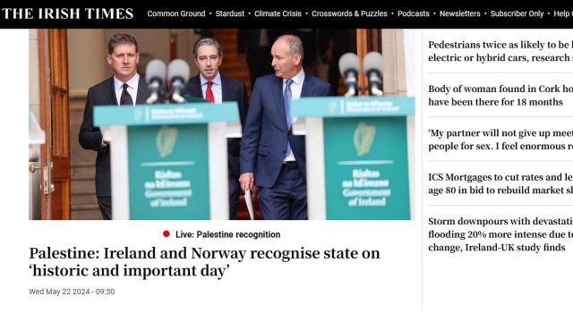 Władze Irlandii, Norwegii i Hiszpanii zapowiedziały uznanie państwa palestyńskiego.