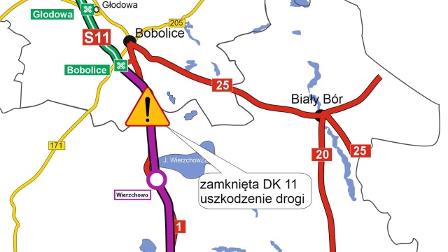 Przynajmniej przez kilka dni nieprzejezdna będzie droga krajowa nr 11. między Wierzchowem i Bobolicami. W Pietrzykowie w województwie zachodniopomorskim zapadła się jezdnia.