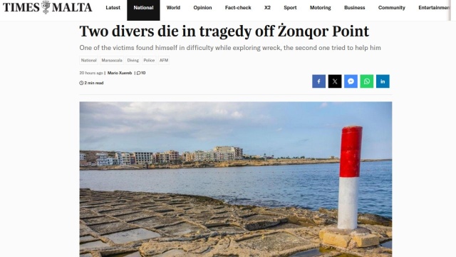 Dwóch Polaków zginęło podczas nurkowania na Malcie - informuje Times of Malta. Do tragedii doszło w rejonie Marsascala w czasie szkoły nurkowania.