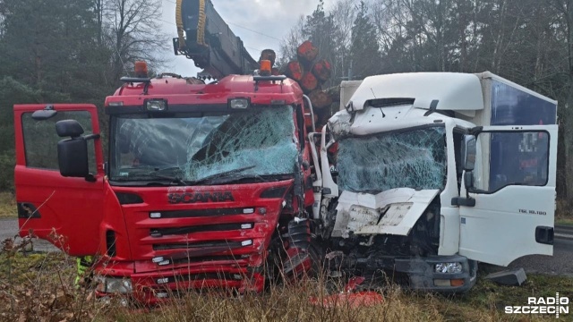 Wypadek na drodze wojewódzkiej nr 163. Zderzyły się dwa samochody ciężarowe, ich kierowcy potrzebowali pomocy medycznej.