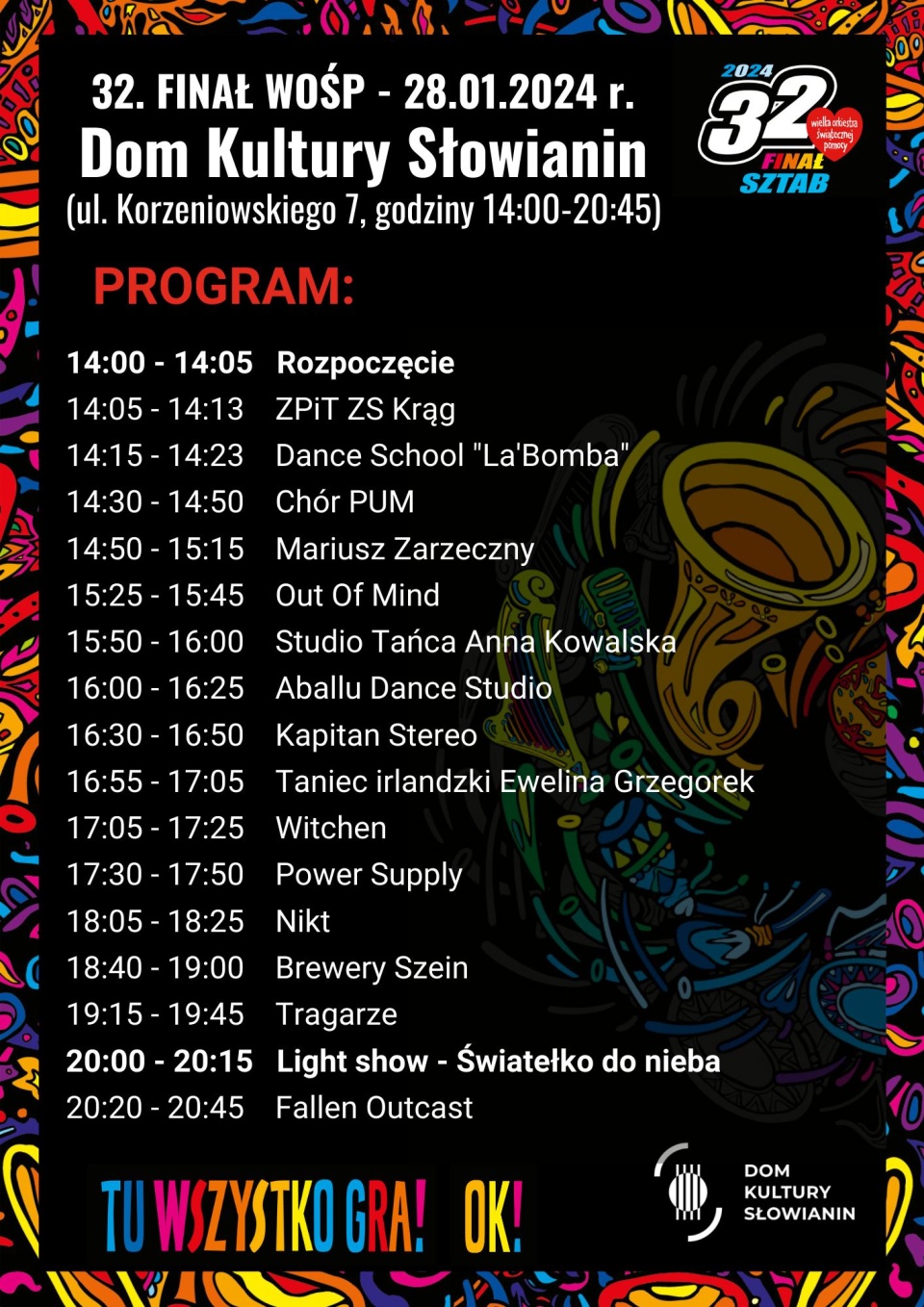 Rock, folk i autorska wersja "Światełka do nieba" - tak będzie wyglądał finał Wielkiej Orkiestry Świątecznej Pomocy w Domu Kultury Słowianin. źródło: https://www.facebook.com/DomKulturySlowianin