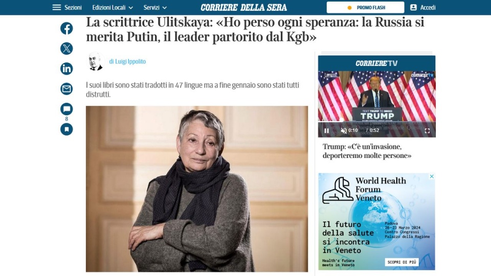 Pisarka udzieliła wywiadu włoskiemu dziennikowi "Corriere della Sera” komentując zakończone w niedzielę w Rosji wybory prezydenckie. https://www.corriere.it/esteri/24_marzo_18/ulitskaya-russia-putin-1912b70e-e499-11ee-938c-e223464c796e.shtml