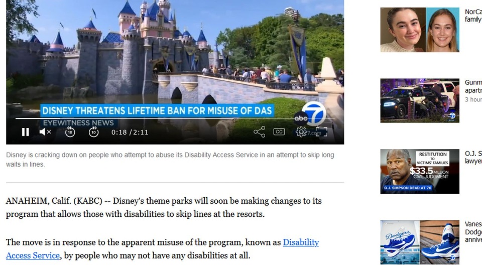 The Walt Disney Company zaostrzył swoje ograniczenia i wzmaga kontrolę osób twierdzących, że są niepełnosprawne. źródło: https://abc7.com/disneyland