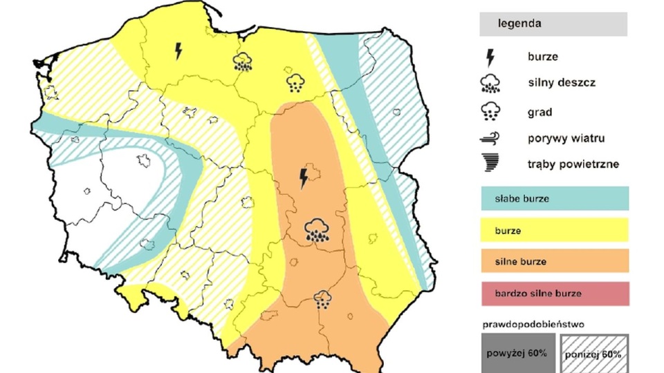 Burzom towarzyszyć będą silne opady deszczu, porywisty wiatr i lokalnie grad. źródło: https://x.com/IMGWmeteo