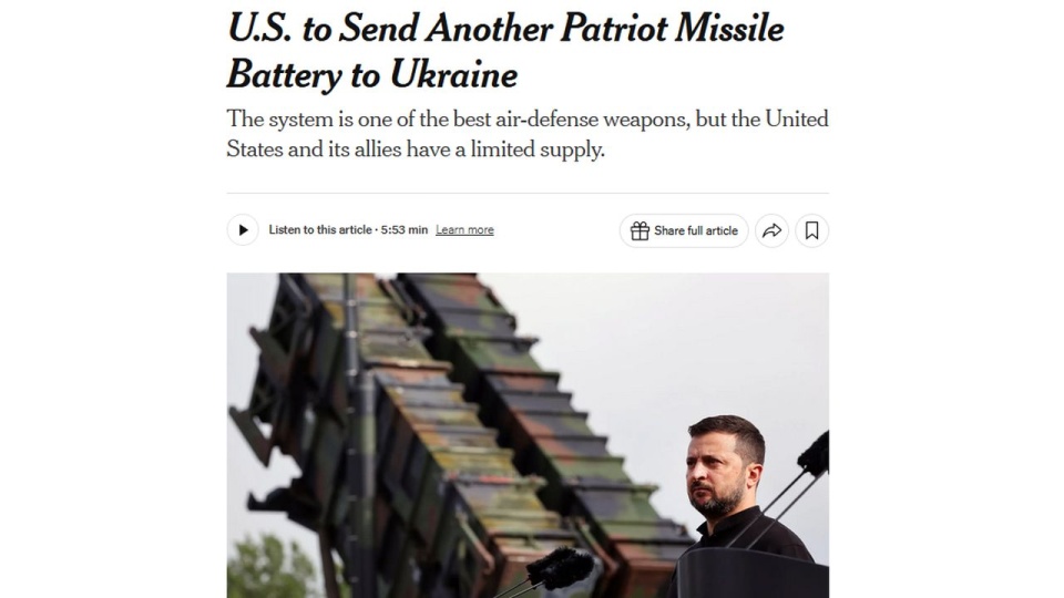 W środę "The New York Times" informował, że prezydent USA Joe Biden zatwierdził przekazanie Ukrainie kolejnego systemu przeciwlotniczego Patriot. źródło: https://www.nytimes.com