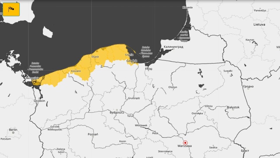 Alert 1. stopnia będzie obowiązywał od godziny 14 do północy w powiecie kamieńskim, gryfickim, kołobrzeskim, koszalińskim, słupskim, lęborskim, wejherowskim, puckim, sławieńskim oraz w Trójmieście. źródło: https://x.com/IMGWmeteo