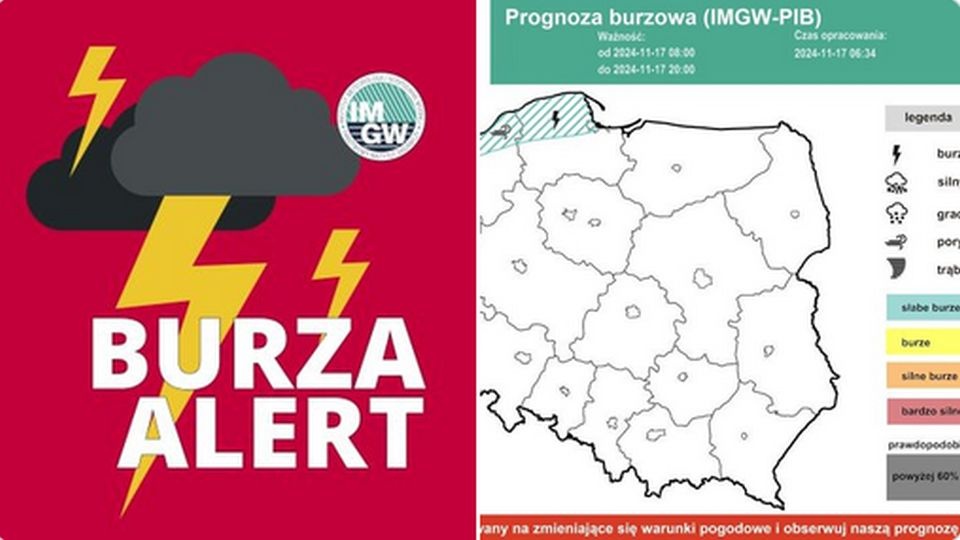 Burze mogą wystąpić lokalnie na wybrzeżu również w nocy. źródło: https://x.com/IMGWmeteo