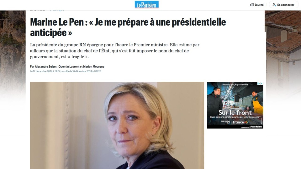 "To już prawie koniec Macrona" - mówi w "Le Parisien" Marine Le Pen przyznając, że szykuje się do przyspieszonych wyborów prezydenckich. źródło: https://www.leparisien.fr/politique/marine-le-pen-macron-cest-fini-ou-presque-17-12-2024-2H25JFMCLNCQTHDCJXAGZAIR3A.php