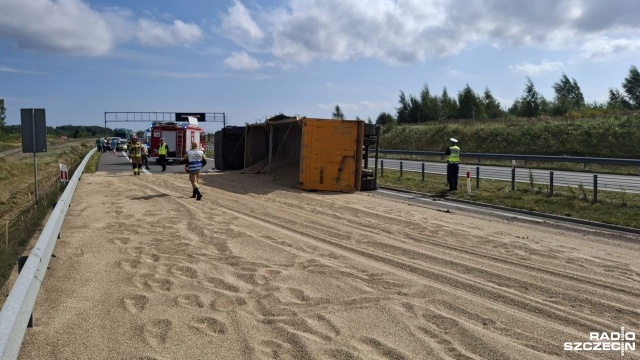 Utrudnienia dla podróżujących drogą ekspresową S6. Pomiędzy węzłami Kołobrzeg Wschód i Ustronie Morskie przewróciła się ciężarówka przewożąca zboże.