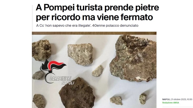 Polski turysta został zatrzymany przez karabinierów w Pompejach i oskarżony o kradzież po tym, gdy na terenie parku archeologicznego zabrał różne fragmenty kamienne, znalezione przy drodze koło amfiteatru - podała we wtorek agencja ANSA.