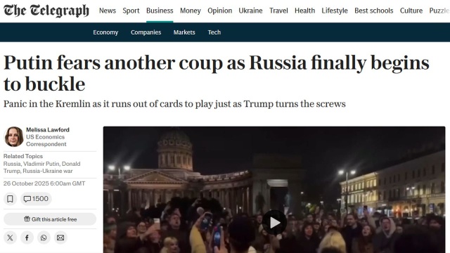 Gwałtowny wzrost deficytu budżetowego, stóp procentowych oraz cen benzyny to tylko kilka powodów do zmartwień dla przywódcy Rosji, Władimira Putina - wyliczył w niedzielę brytyjski dziennik Telegraph. Zdaniem gazety władca Kremla obawia się także zamachu stanu.