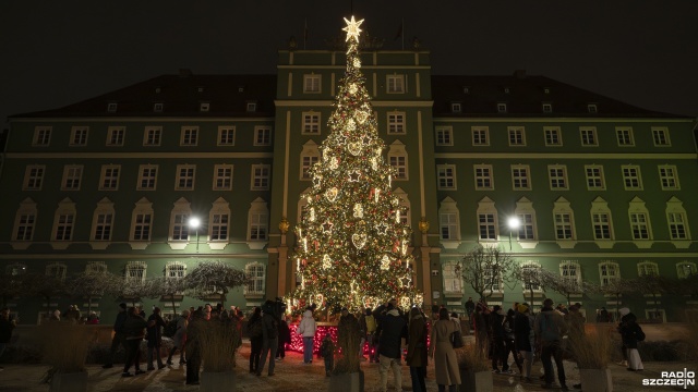 Ma 16 metrów, 36,5 tysiąca światełek, czerwone bombki, piernikowe ozdoby i cukrowe laski, a na szczycie: 1,5-metrową trójwymiarową gwiazdę. Nowa miejska choinka rozbłysła punktualnie o godz. 17 przed Urzędem Miasta Szczecin.