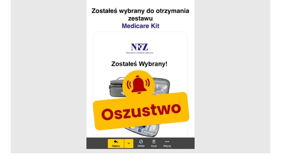 Tym razem oszuści podszywają się pod pracowników NFZ i oferują wysyłkę "darmowej apteczki". źródło: https://www.nfz.gov.pl/