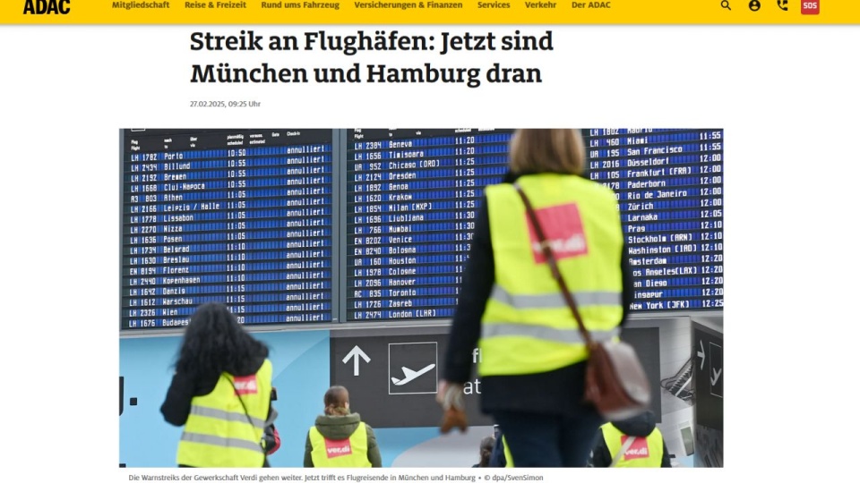 Do strajku wezwał związek zawodowy Verdi. Związkowcy walczą o wyższe pensje i dodatkowe dni wolne. źródło: https://www.adac.de