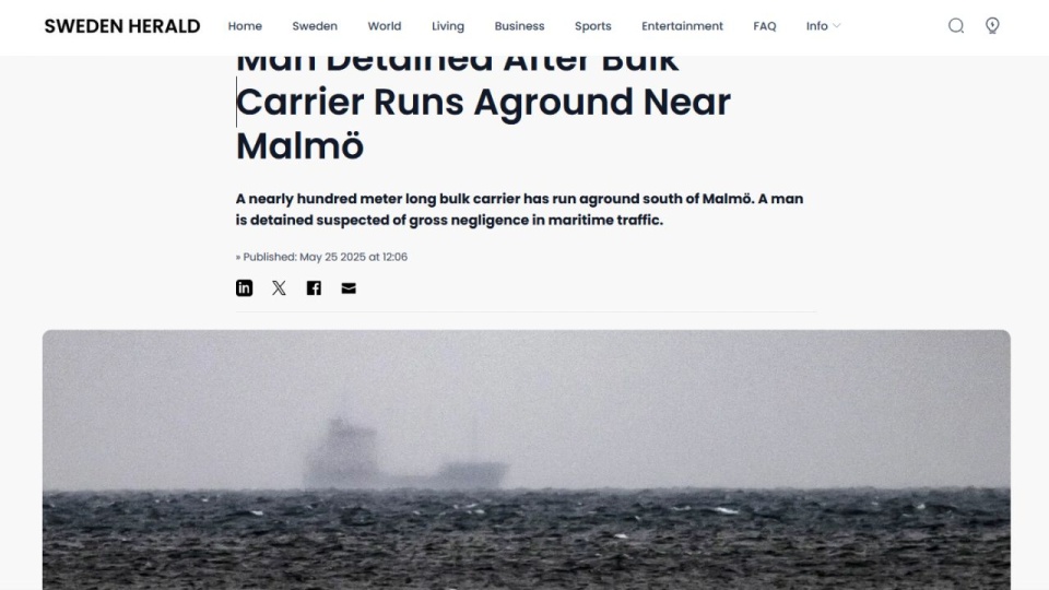 Jak poinformowano, przewożący złom statek zboczył z toru wodnego na wysokości miejscowości Klagshamn na południe od Malmoe. źródło: https://swedenherald.com/article/bulk-carrier-with-69000-liters-of-diesel-runs-aground-near-malmo