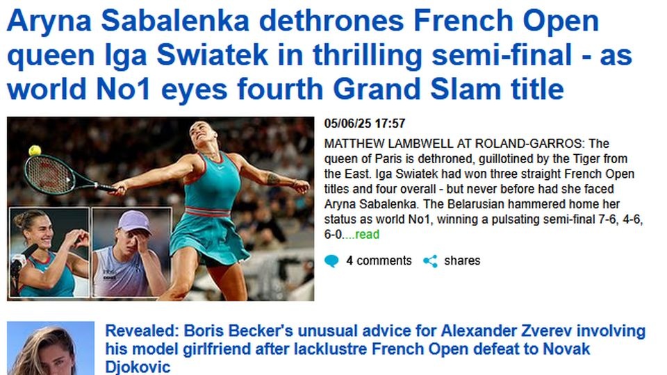 "Królowa Paryża zostaje zdetronizowana przez Tygrysicę ze Wschodu" - podsumowuje pierwszy półfinał tegorocznej edycji French Open brytyjski "Daily Mail". źródło: dailymail.co.uk