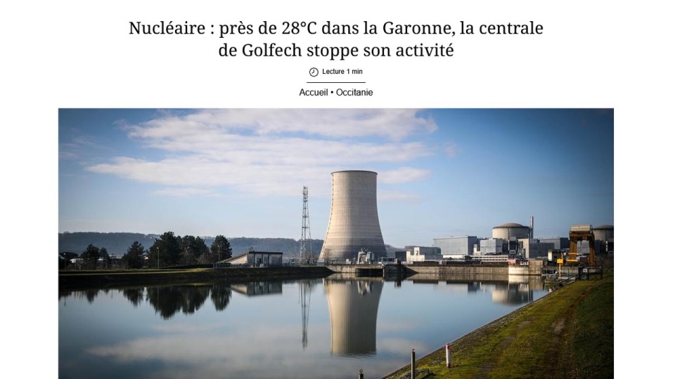 Według dziennika lokalnego "Sud Ouest" elektrownia Golfech w departamencie Tarn i Garonna na południu Francji nie pracuje od niedzieli. źródło: www.sudouest.fr