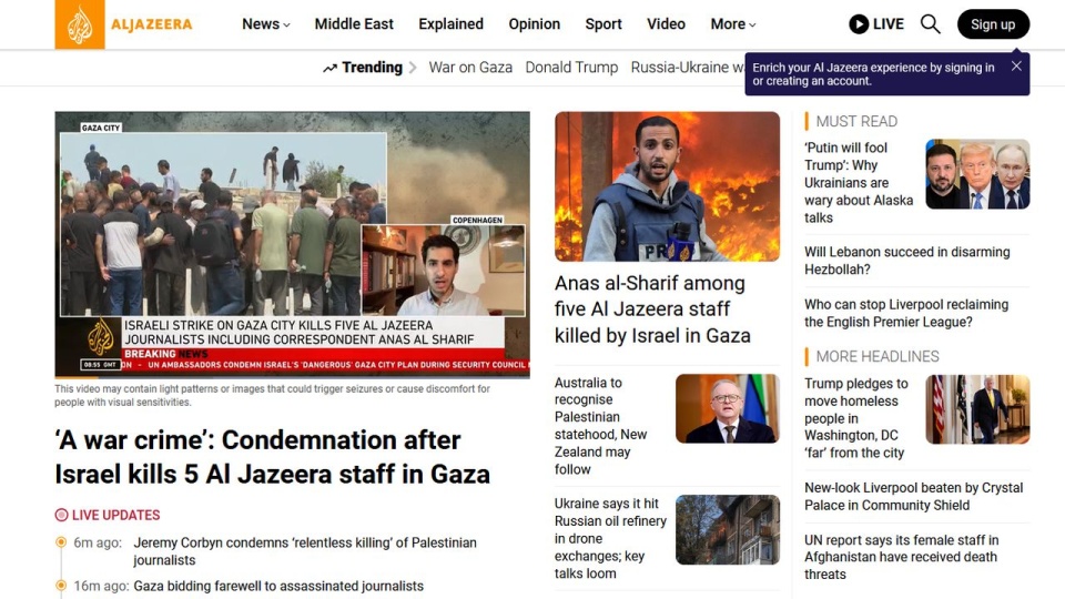 Organizacje dziennikarskie i telewizja Al Jazeera potępiły atak na dziennikarzy. źródło: www.aljazeera.com