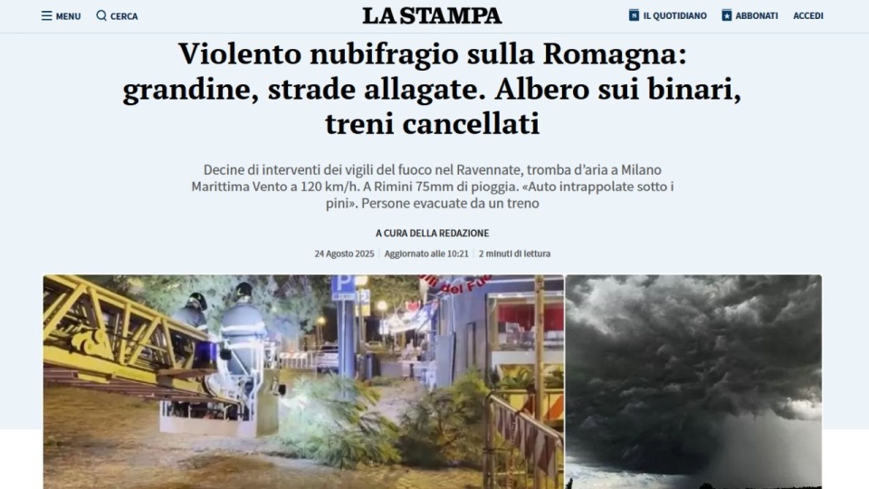 Burze i wichury wraz z gradobiciem i opadami rozpoczęły się o godz. 4.30. Najbardziej ucierpiały okolice Rawenny i Rimini. W ciągu godziny spadły 74 milimetry deszczu. źródło: https://www.lastampa.it