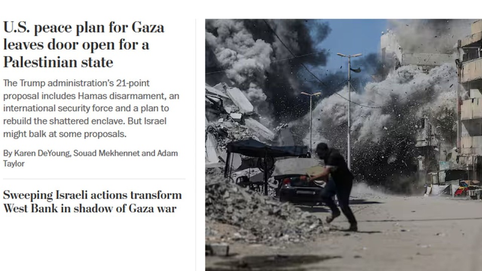Dziennik "Washington Post" ocenił, że 21-punktowy plan przedstawiony przez Trumpa otwiera "drogę do utworzenia państwa palestyńskiego". źródło: www.washingtonpost.com