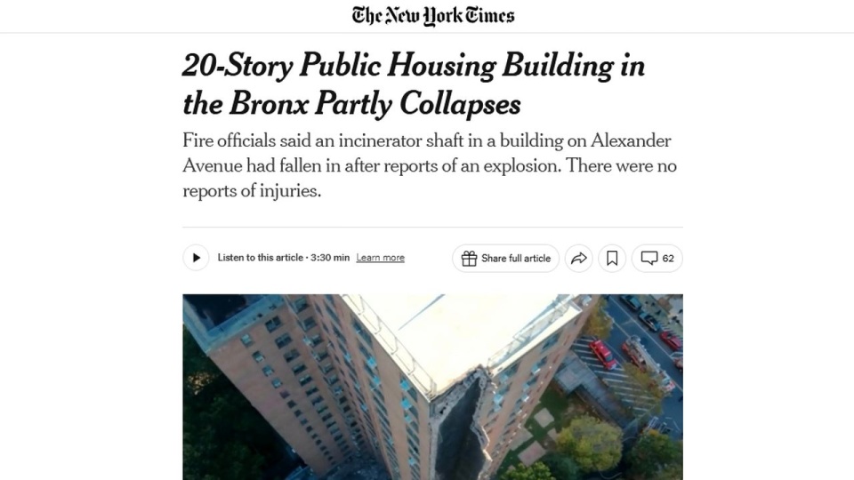 W kompleksie Mitchel Houses na Bronksie zawalił się szyb techniczny. źródło: www.nytimes.com