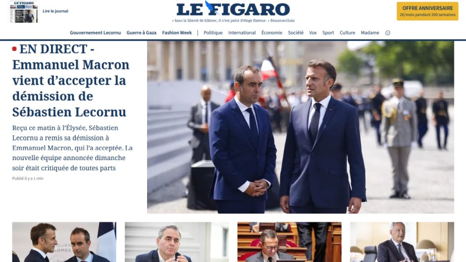 Premier Francji Sebastien Lecornu podał się do dymisji - poinformował w poniedziałek w komunikacie Pałac Elizejski. źródło: www.lefigaro.fr