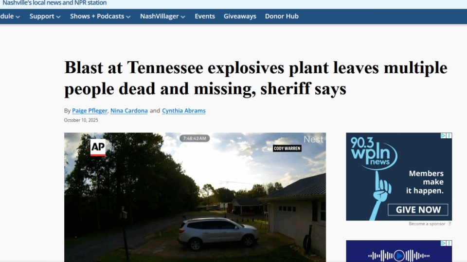 Mieszkańcy oddalonego o 20 minut jazdy samochodem miasta Lobelville przekazali, że czuli, jak ich domy się trzęsły. źródło: wpln.org