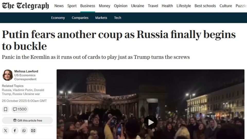 „Telegraph” zauważył, że „pojawiają się małe ogniska protestu”. Gazeta zwróciła uwagę na to, że w połowie października setki osób zebrały się na placu w Petersburgu, aby zaśpiewać zakazaną piosenkę, wzywającą do obalenia Putina. źródło: www.telegraph.co.uk