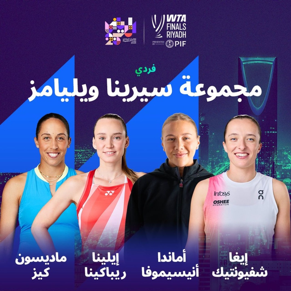 Polka trafiła do grupy B - grupy Sereny Williams, w której zmierzy się z Amerykankami Amandą Anisimovą i Madison Keys oraz Jeleną Rybakiną z Kazachstanu. źródło: x.com/WTAFinalsRiyadh