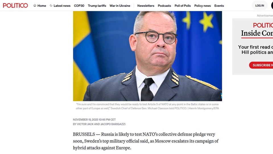 Naczelny dowódca szwedzkich sił zbrojnych gen. Michael Claesson. https://www.politico.eu