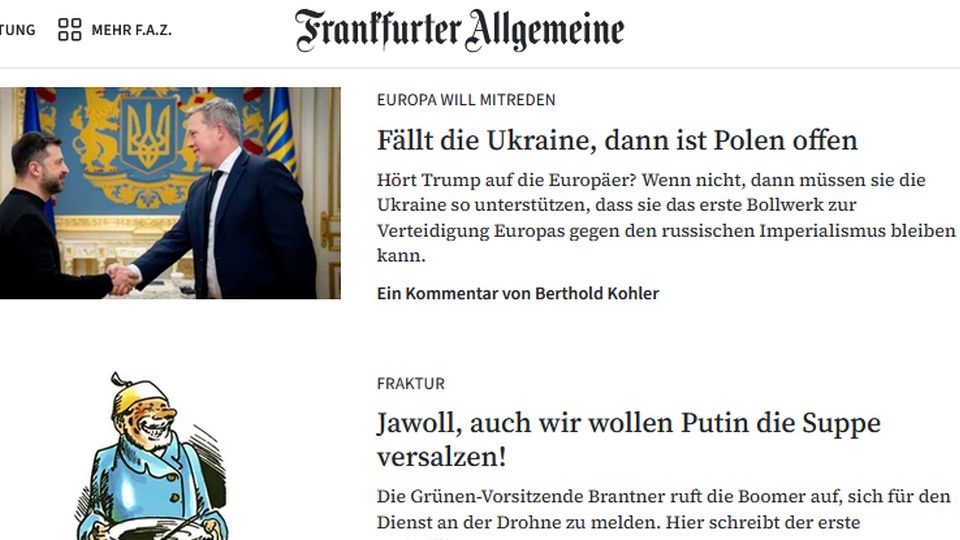 „FAZ” zwróciła uwagę na to, że szefowie krajów europejskich byli tak samo zaskoczeni paktem Trump-Putin, jak szeroka opinia publiczna. źródło: www.faz.net
