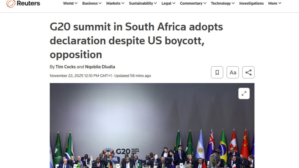 Dokument zobowiązuje państwa członkowskie G20 do unikania użycia siły i dążenia do pokojowego rozwiązywania konfliktów ustanawiając ramy dyskusji na temat współpracy gospodarczej i rozwoju planowanych podczas dwudniowego szczytu. źródło: www.reuters.com