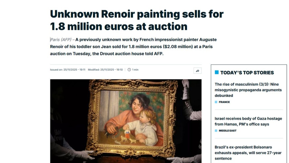 Obraz zatytułowany "Dziecko z zabawkami” przedstawia syna Renoira, siedzącego na kolanach swojej opiekunki Gabrielle - jednej z ulubionych modelek malarza. źródło: www.france24.com