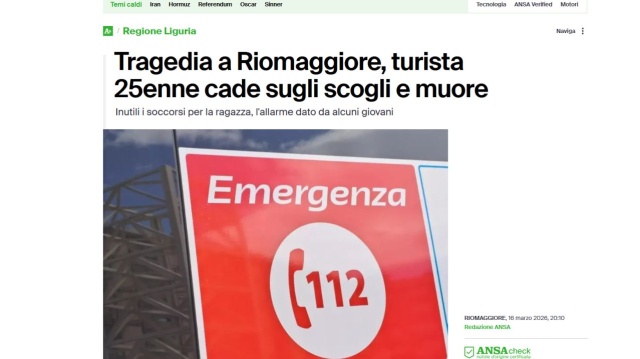 25-letnia turystka z Polski zginęła w poniedziałek we włoskiej krainie Cinque Terre w Ligurii, gdy poślizgnęła się na skałach i uderzyła w nie głową - podała agencja Ansa. Do wypadku doszło w miasteczku Riomaggiore.
