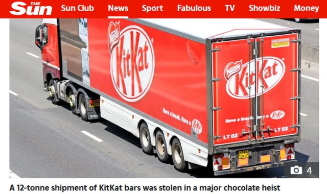 W zeszłym tygodniu w Europie zaginęło 12 ton czekoladowych batoników KitKat, po tym jak złodzieje uciekli z ciężarówką, która je przewoziła - poinformował w sobotę producent batoników, szwajcarski gigant spożywczy Nestle.