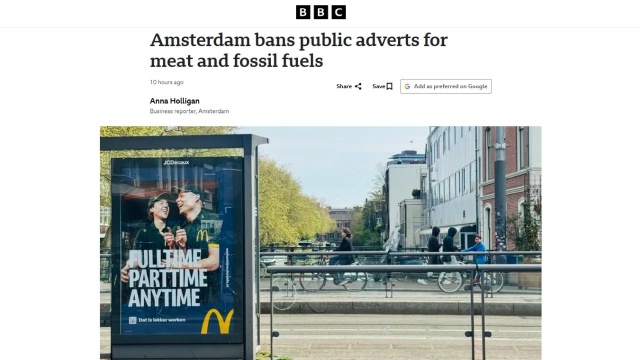 Amsterdam jako pierwsza stolica na świecie zakazał publicznych reklam mięsa i produktów związanych z paliwami kopalnymi.