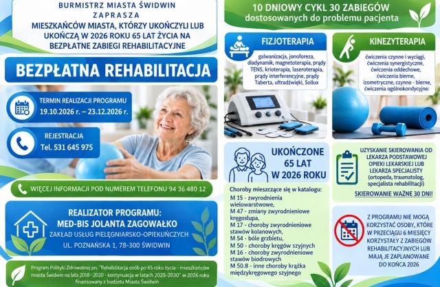Z bezpłatnej rehabilitacji mogą skorzystać starsi mieszkańcy Świdwina. To specjalna akcja dla osób powyżej 65. roku życia.