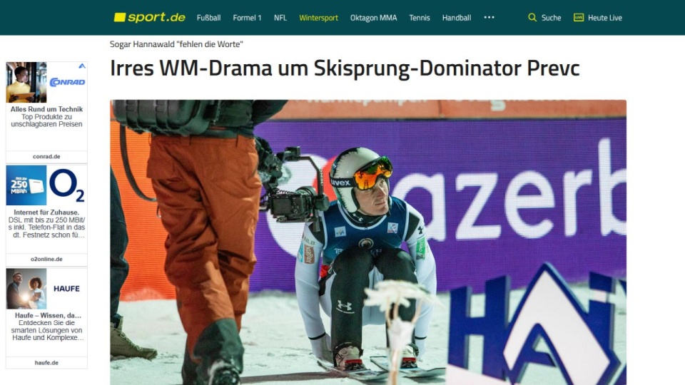 Nagle zza belki startowej wyjechały narty Prevca, które źle je zabezpieczył podczas kontroli sprzętu. Narty zjechały z progu i dojechały na sam dół zeskoku... źródło: https://www.sport.de/