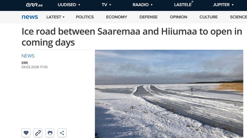 Portal ERR podaje, że drogę łącząca Saremę i Hiumę wytyczono z powodu niskiego poziomu wody, który doprowadził do zakłóceń komunikacji promowej między wyspami. źródło: news.err.ee