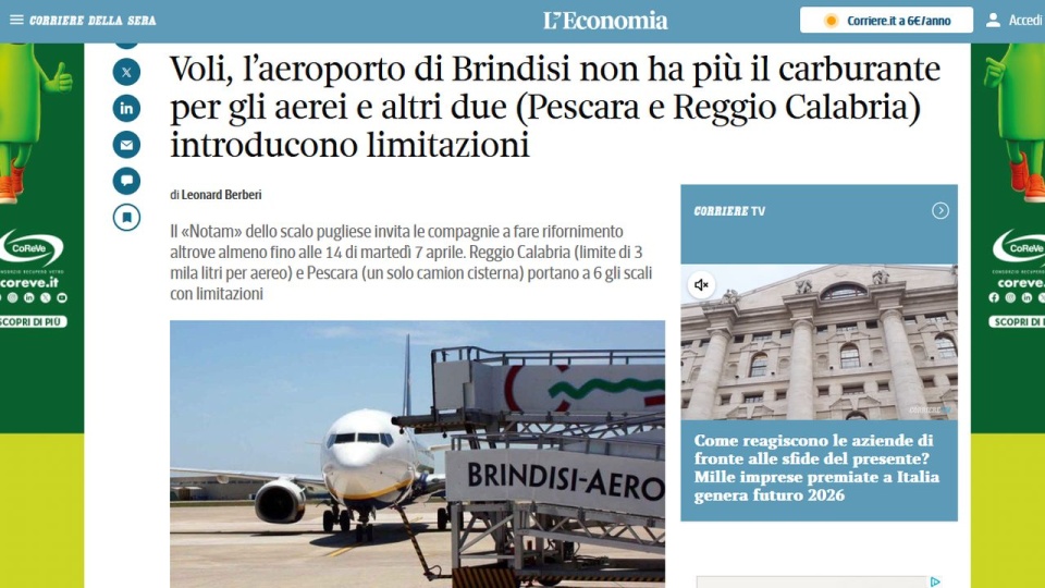 O braku paliwa w Brindisi na południu Włoch poinformowano w urzędowym komunikacie dla personelu lotniczego. źródło: www.corriere.it