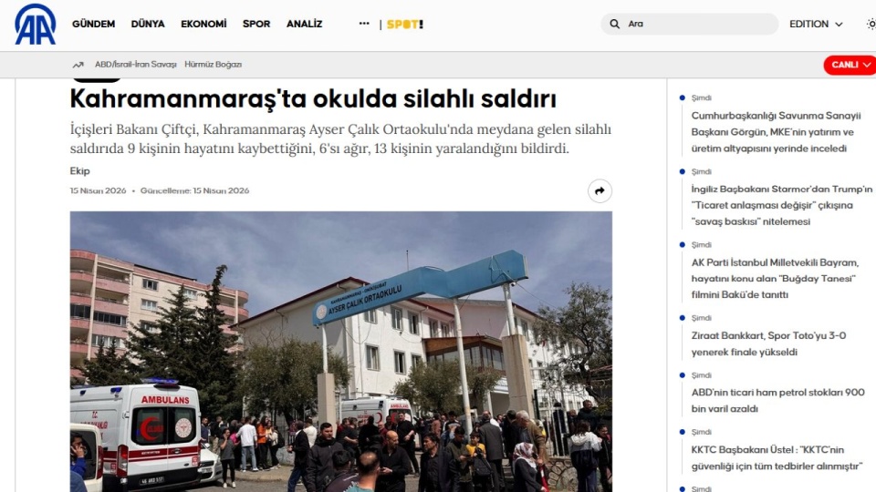 W środowej strzelaninie w mieście Kahramanmaras zginęło dziewięć osób, a 13 jest rannych - przekazała agencja Anadolu. źródło: www.aa.com.tr