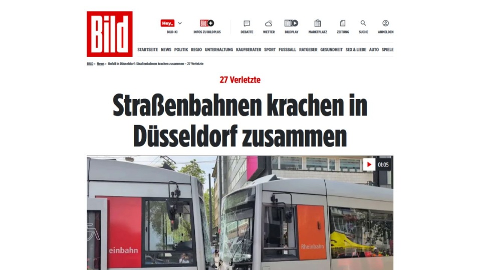 Ponad 50 rannych w czołowym zderzeniu tramwajów w Duesseldorfie