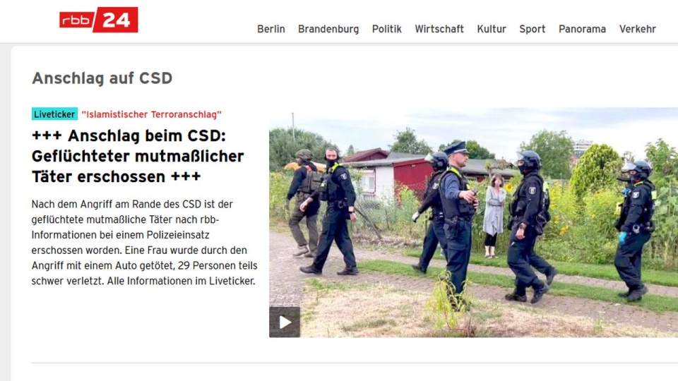 Domniemany sprawca ataku na Paradę Równości w Berlinie zastrzelony